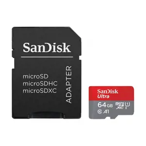 "SanDisk Ultra microSDXC 64GB + SD adapteris 140MB/s A1 10 klasės UHS-I - vaizdinė pakuotė; EAN:619…