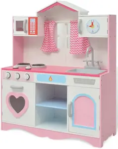 Žaislinė virtuvė, mediena, 82x30x100cm, rožinė ir balta