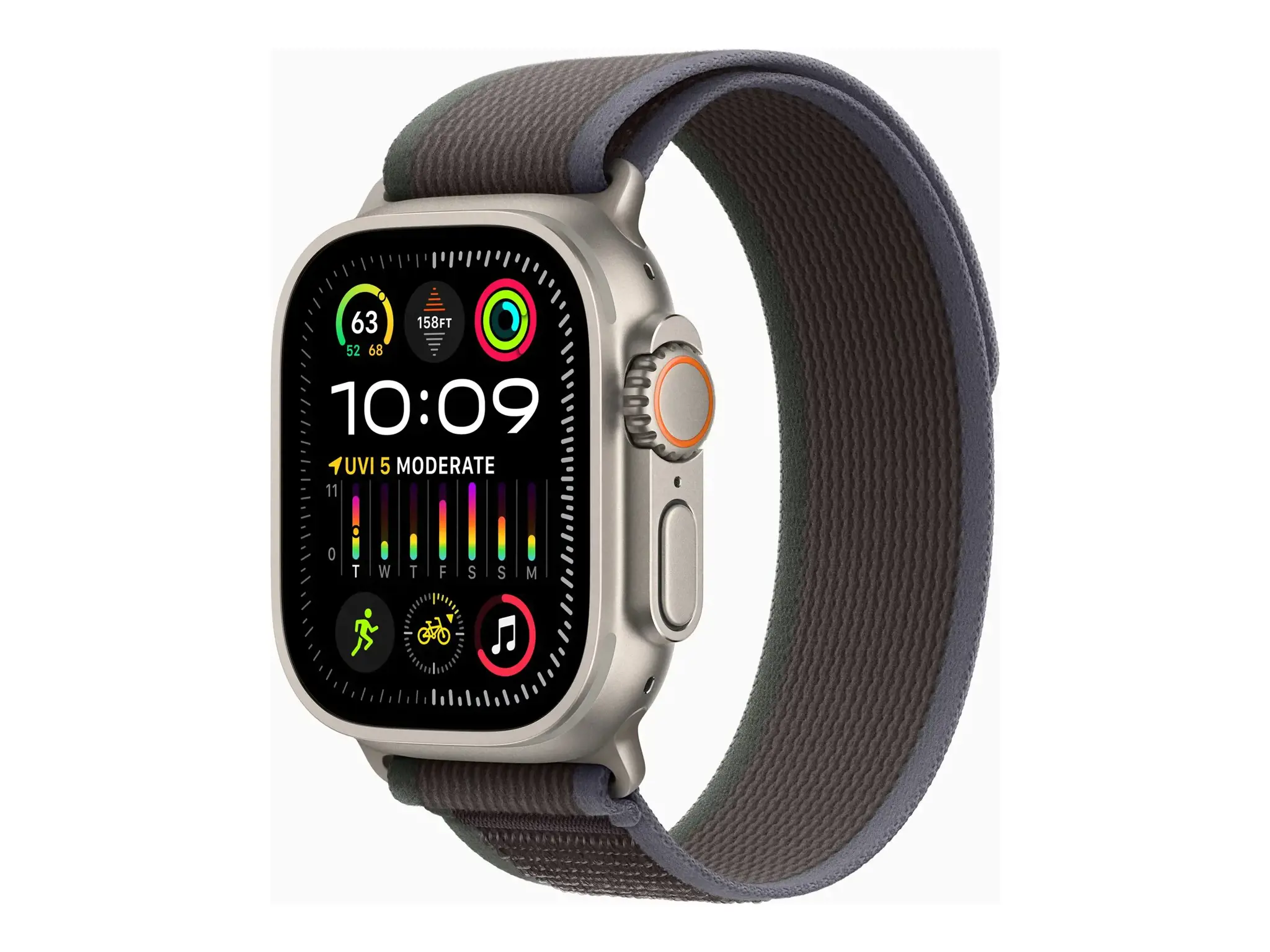 "Apple Watch Ultra 2" GPS + mobilusis ryšys, 49 mm titano korpusas su mėlyna/juoda "Trail Loop" kilpa - M/L "Apple