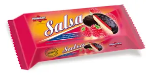 Sausainiai PRIMART Salsa, glaisyti, su aviečių įdaru, 130 g