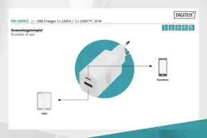 DIGITUS USB įkroviklis 1x USB-A / 1x USB-C 30W dvigubas prievadas 1x 2,4A 1x 3A QC3.0