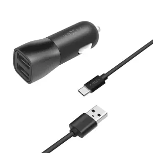 Fiksuotas automobilinis įkroviklis su dvigubu USB kabeliu, juodas, 15 W