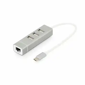 DIGITUS USB 2.0 3 prievadų šakotuvas + Fast Ethernet LAN adapteris su C tipo jungtimi