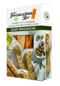 Duonos lazdelės FOCACCINA, Olive Taggiasche, su alyvuogėmis, ryžių aliejumi, 100 g