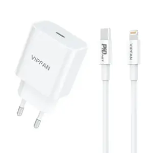 "Vipfan E04" sieninis įkroviklis, USB-C, 20 W, QC 3.0 + "Lightning" laidas (baltas)