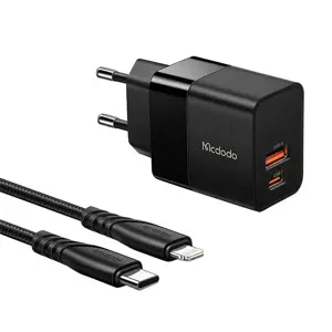 "Mcdodo CH-1952" USB + USB-C sieninis įkroviklis, 20 W + USB-C ir "Lightning" kabelis (juodas)