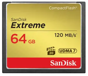 SanDisk Extreme CF 120MB/s, 85MB/s write, UDMA7, 64GB; EAN: 619659123710