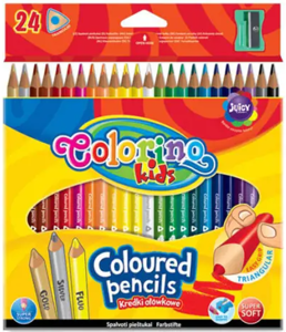 Spalvoti pieštukai Colorino Kids trikampiai 24 spalvų, su drožtuku