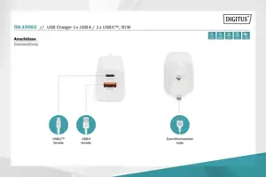 DIGITUS USB įkroviklis 1x USB-A / 1x USB-C 30W dvigubas prievadas 1x 2,4A 1x 3A QC3.0