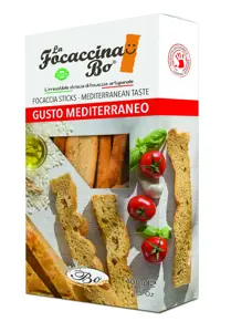 Duonos lazdelės FOCACCINA, Gusto Mediterraneo, su pomidorais, žolelėmis, 100 g