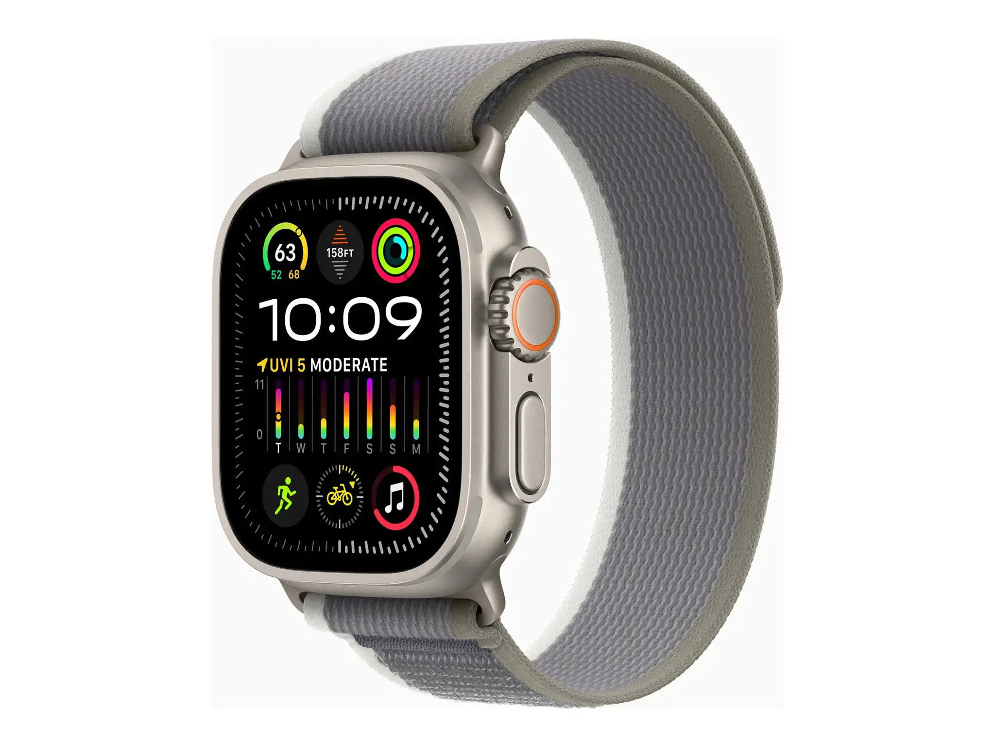 "Apple Watch Ultra 2" GPS + mobilusis ryšys, 49 mm titano korpusas su žalia/pilka "Trail Loop" kilpa - M/L "Apple