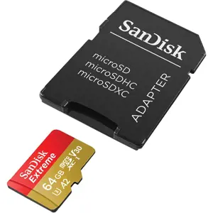 "SanDisk Extreme microSDXC" 64GB veiksmo kameroms ir dronams + SD adapteris + 1 metų "RescuePRO Deluxe" iki 170MB/s ir 80MB/s skaitymo/rašymo greitis A2 C10 V30 UHS-I U3; EAN:619659193386