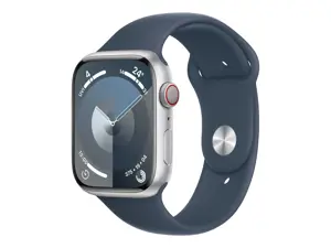 Apple Watch Series 9 GPS + Cellular 45mm Silver Aluminium Case with Storm Blue Sport Band - M/L App…
