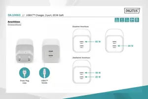 DIGITUS USB-C mini įkroviklis 2 prievadų 65W 2x USB-C 45W+20W baltas