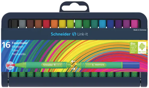 Flomasteriai SCHNEIDER LINK-IT 1 mm, trumpas žalias korpusas, 16 spalvų rinkinys