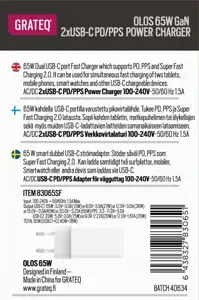 OLOS VERKKOVIRTALATURI PD/PPS 2XUSDB-C GAN 65W