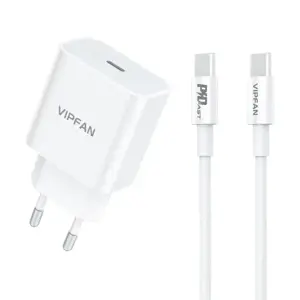 "Vipfan E04" sieninis įkroviklis, USB-C, 20 W, QC 3.0 + USB-C laidas (baltas)