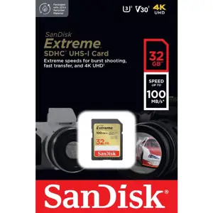 "SanDisk Extreme" 32 GB atminties kortelė iki 100 MB/s, UHS-I, 10 klasė, U3, V30; EAN:619659188924