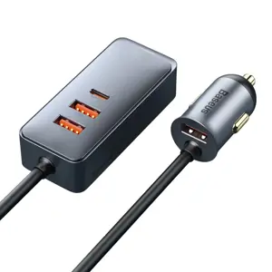 Baseus Share Together car charger with extension cord, 3x USB, USB-C, 120W (gray)