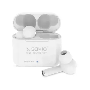 "Savio TWS-07 PRO" belaidės "Bluetooth" ausinės su mikrofonu, baltos spalvos