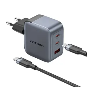 GaN Vention USB-C+C+A 70W Charger + USB-C-C Cable 1m (Gray)