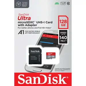 "SanDisk Ultra microSDXC" 128GB + SD adapteris 140MB/s A1 10 klasės UHS-I; EAN:619659200558