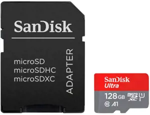 "SanDisk Ultra microSDXC" 128GB + SD adapteris 140MB/s A1 10 klasės UHS-I - vaizdinė pakuotė; EAN:6…